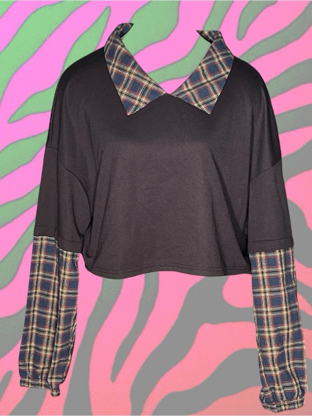 twee plaid collar splice cropped top